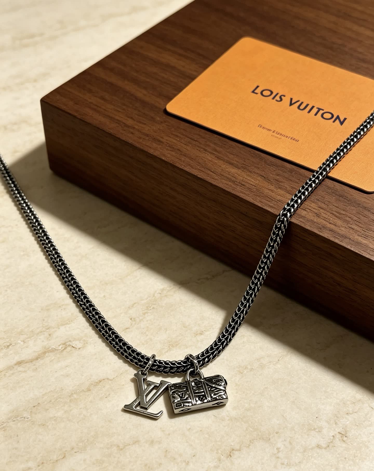 Louis Vuitton Silver Tone Chain Necklace with LV and Monogram Bag Charms